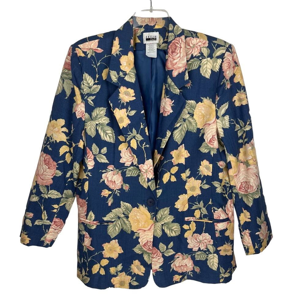 VTG Leslie Fay Blue Big Floral Print Single Breasted 90s Blazer Sz‎ 18